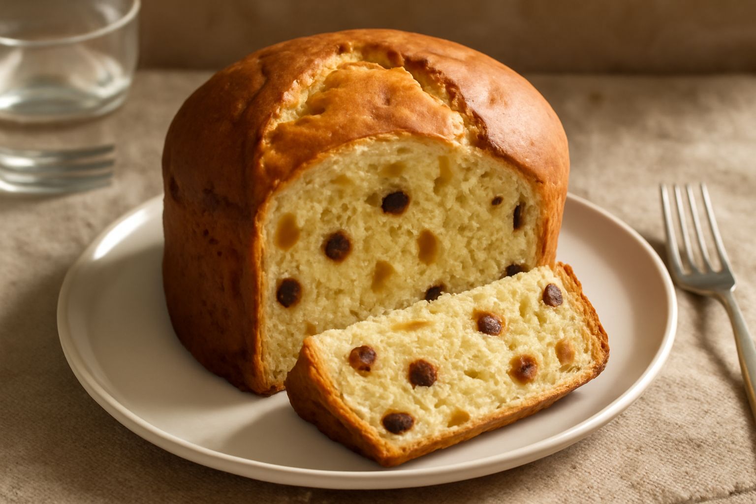 Panettone appena sfornato, dorato e gonfio, con canditi visibili in superficie e una crepa caratteristica sulla sommità, poggiato su una gratella di raffreddamento bianca