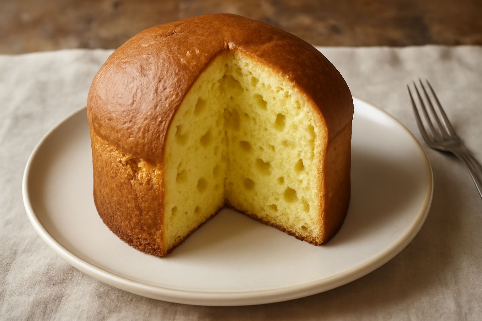Panettone al limoncello affettato su piatto bianco, con interior giallo pallido screziato di scorzette di limone candite, sfondo con limoni freschi interi e un bicchierino di limoncello