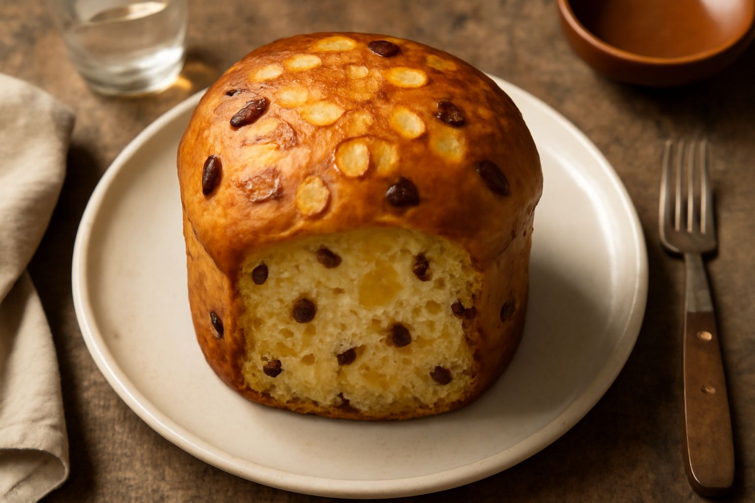 Panettone al limone tagliato in fette su un piatto bianco, con buccia dorata e uniforme, uvetta ben distribuita, buccia di limone candita in superficie, accanto due limoni freschi interi su una tavola