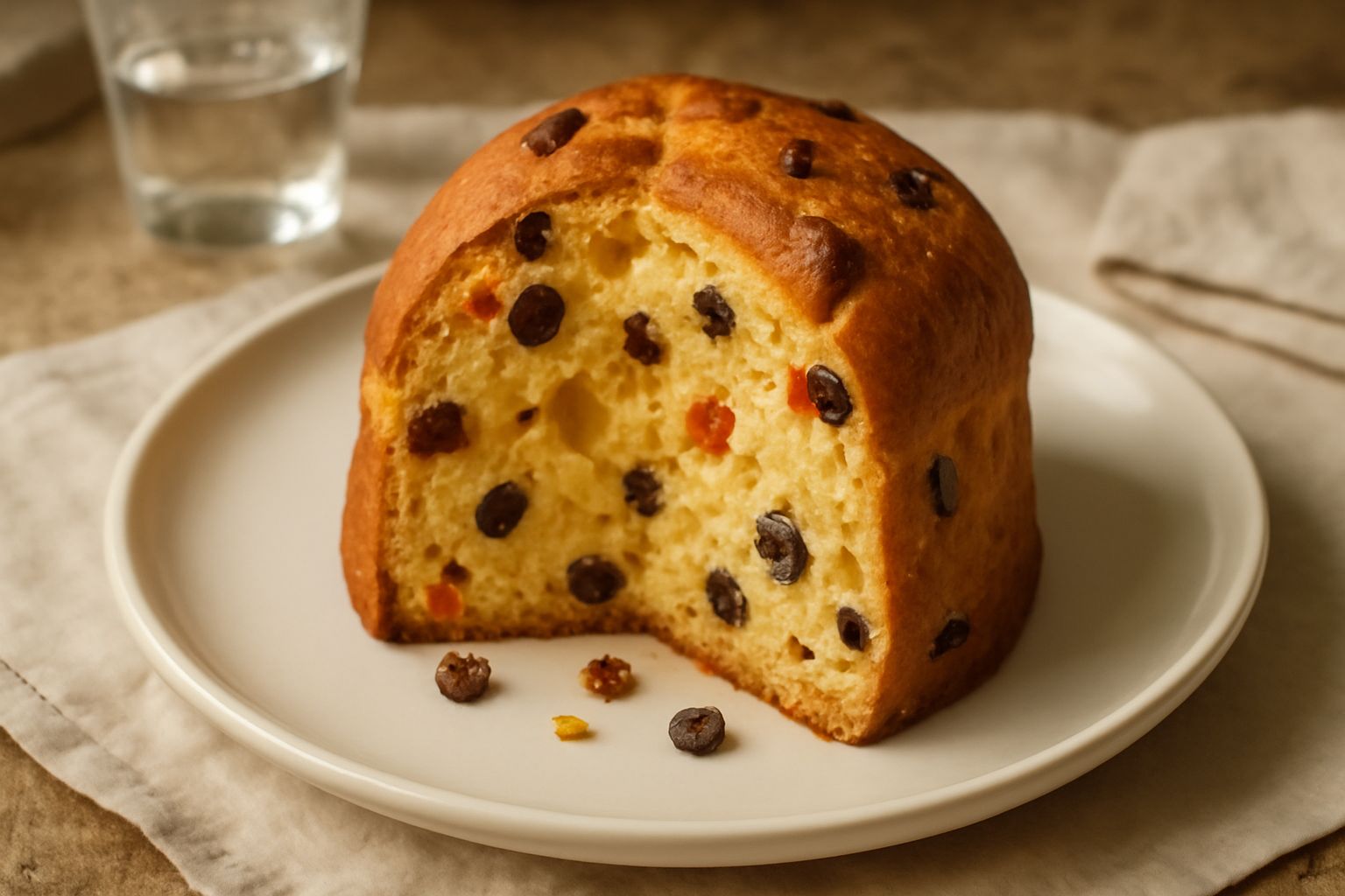 Panettone intero appena sfornato, a cupola, con colore dorato uniforme, canditi arancioni e rossi visibili sulla superficie, su piatto bianco, atmosfera natalizia con luci sfocate sullo sfondo