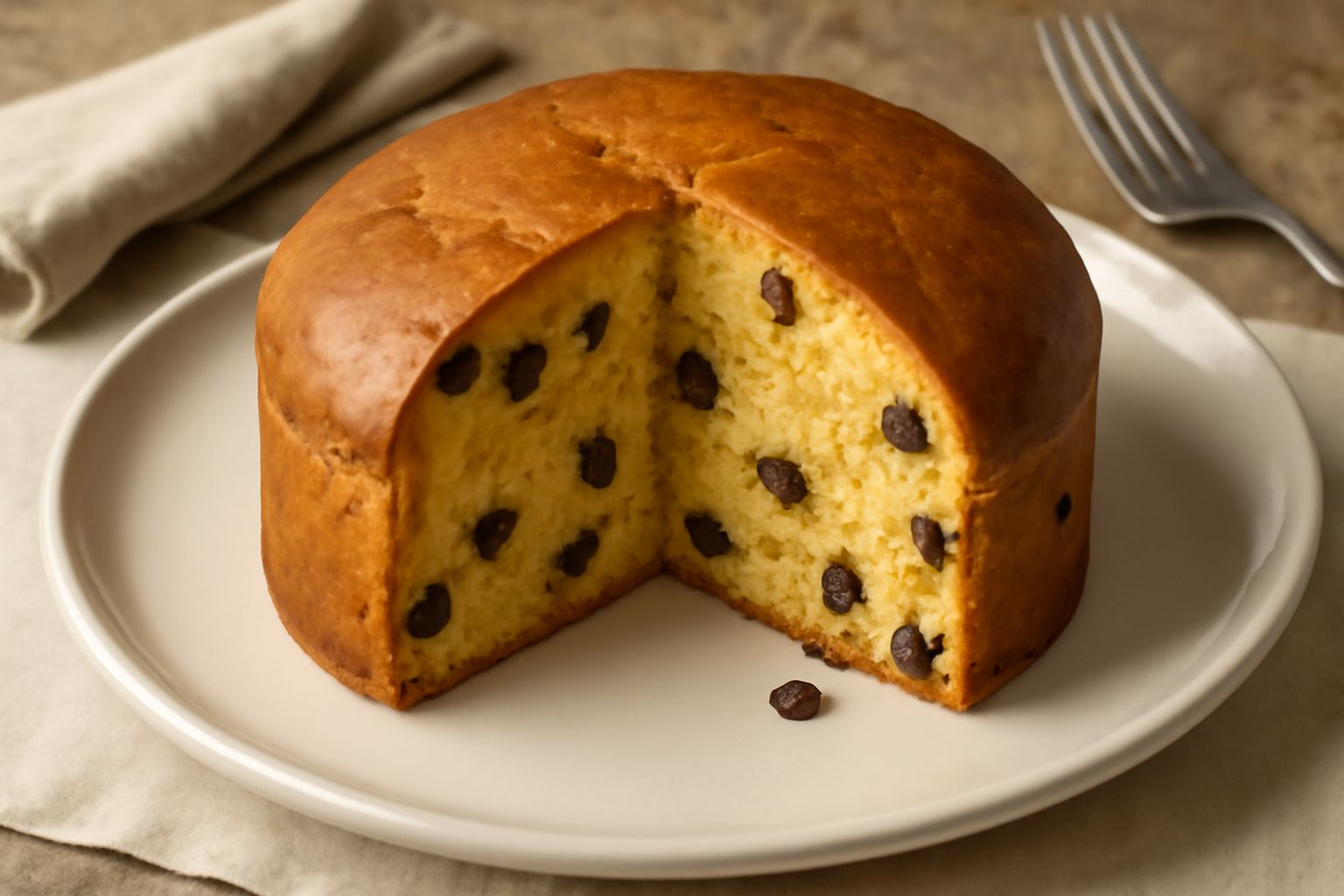 Panettone livornese a fette su un piatto bianco, tagliato per mostrare l'interno morbido e giallo con uvetta nera e cedrata verde visibili in sezione, superficie dorata, con una tazza di caffè accanto