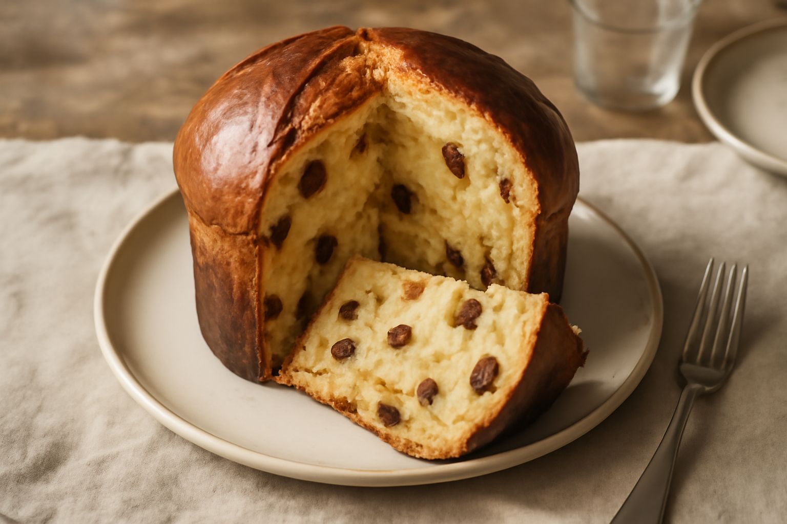 Panettone dorato appena sfornato, con cupola bombata e zucchero a velo spolverato, poggiato su carta da forno. All'interno si vedono chiaramente i frutti canditi distribuiti uniformemente e l'uva pass