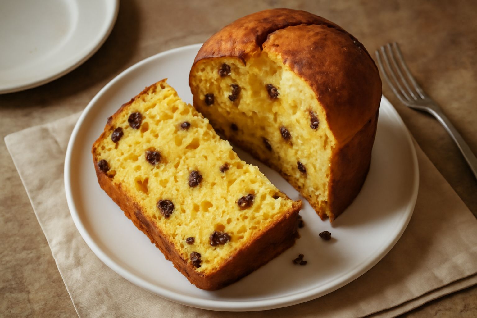 Panettone lodigiano intero tagliato in fette su un piatto bianco, con mollica gialla e porosa, uvetta scura e canditi colorati visibili all'interno, sopra un canovaccio bianco con bordino rosso