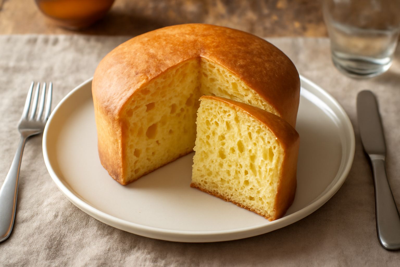 Panettone lucchese dorato su piatto bianco, forma cilindrica bassa e compatta, superficie liscia e brillante, fetta tagliata che mostra alveoli uniformi e uvetta scura all'interno