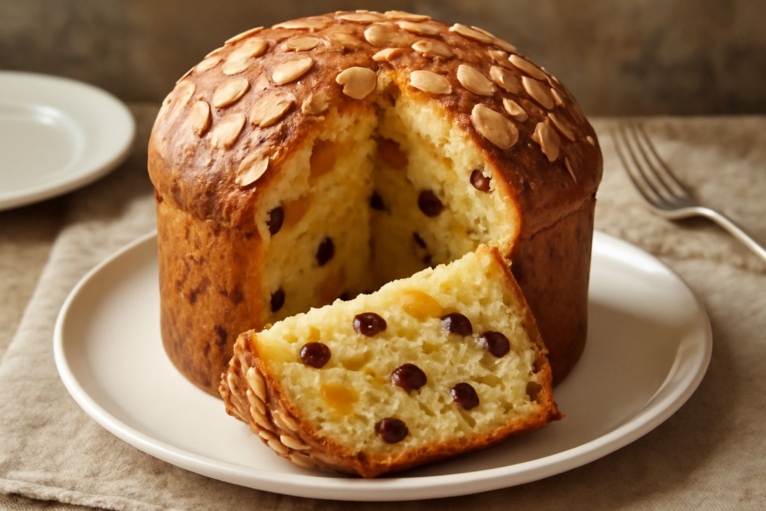 Panettone mandorlato tagliato a fette su piatto bianco, copertura dorata con mandorle affettate croccanti, interno giallo con uvetta e canditi visibili, sfondo con tovaglia natalizia