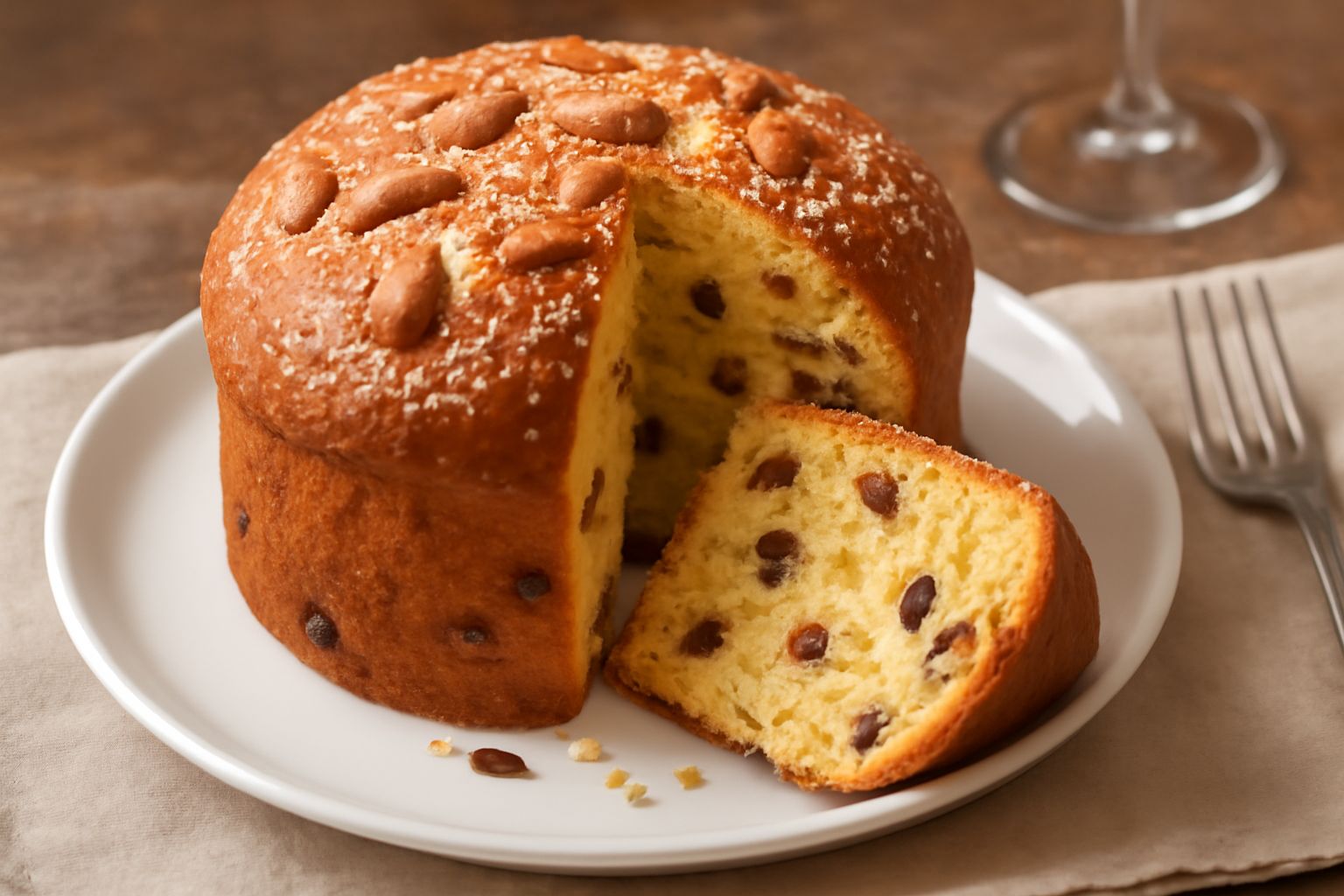 Panettone mantovano affettato su un piatto bianco, crema gialla dorata con alveoli regolari, uvetta scura e canditi chiari visibili nella sezione, forma panciuta classica, decorazione con zucchero e m