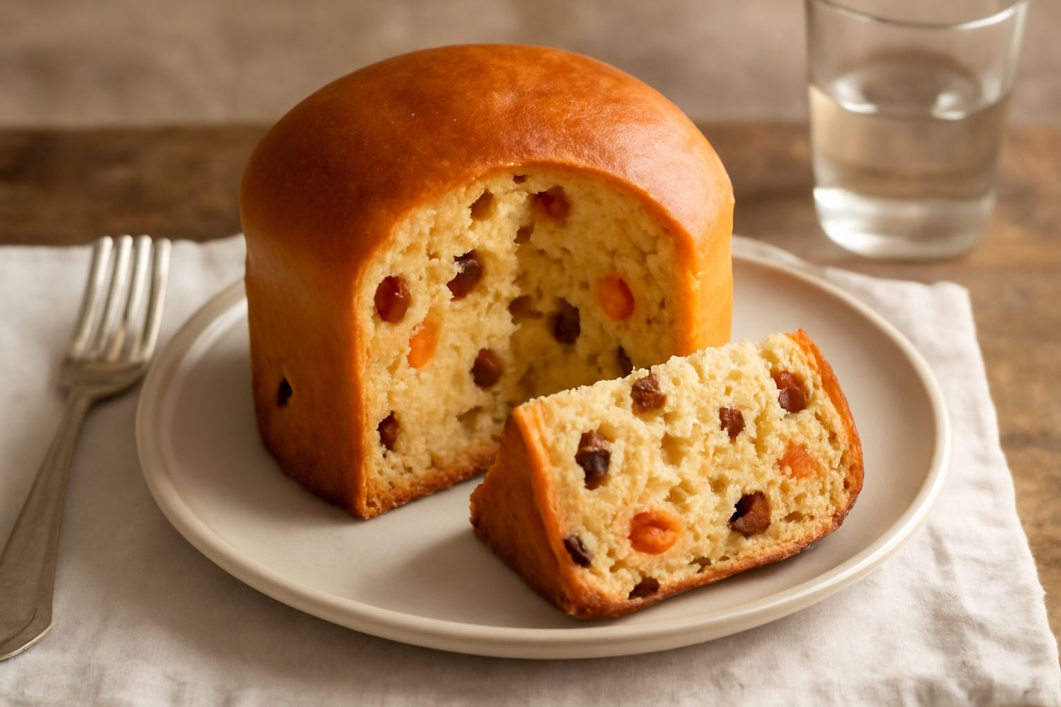 Un panettone mantovano salato affettato su un piatto bianco, con crosta dorata e crepe in superficie, pezzi di uvetta e canditi visibili nella miga, accompagnato da una tazza di caffè su un tavolo di 