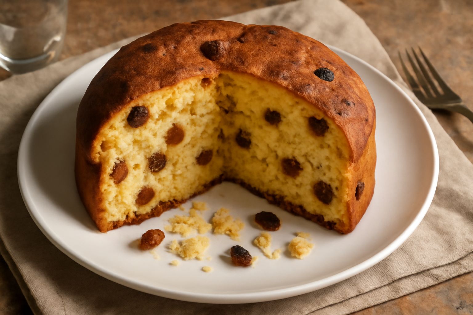 Panettone marchigiano affettato su un piatto di ceramica bianca, con mollica dorata e soffice, frutta candita e uvetta visibili nella sezione, contorno di piatto scuro