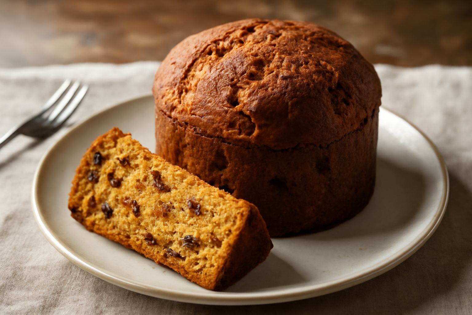 Panettone marsalese intero affettato, con cupola dorata e screpolature naturali, canditi di agrume e uva sultanina visibili nella mollica color ambra chiaro, servito su piatto bianco con una fetta sta