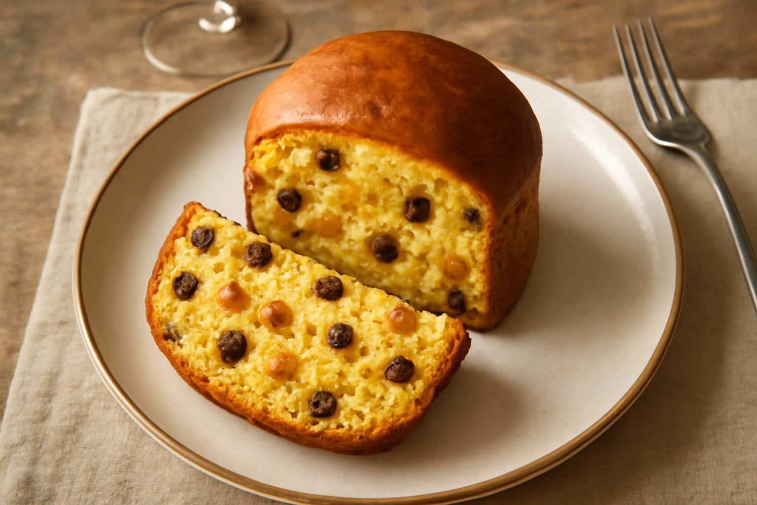 Panettone meranese tagliato a fette su un piatto bianco, crema di panettone gialla dorata, uvetta scura e canditi colorati visibili nella mollica, forma cilindrica classica, sfondo grigio neutro