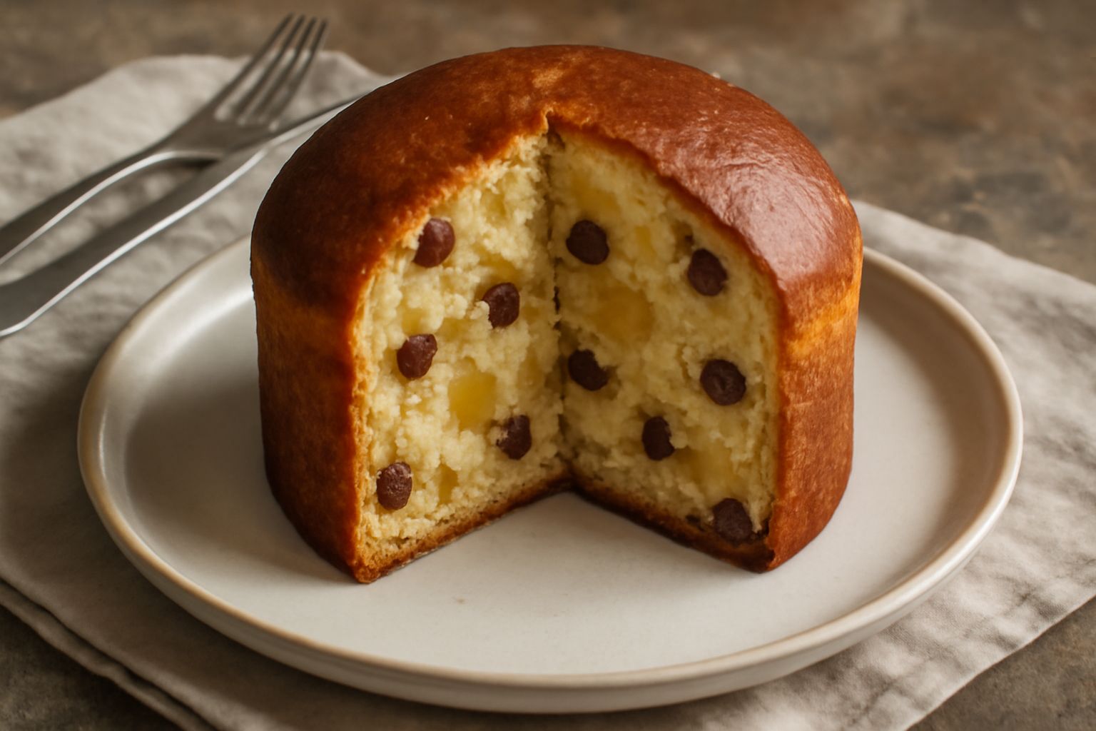 Panettone messinese affettato, dora ato e soffice, con visibili passiti d'uva e cubetti di frutta candita, posato su piatto bianco con tazza di caffè sullo sfondo