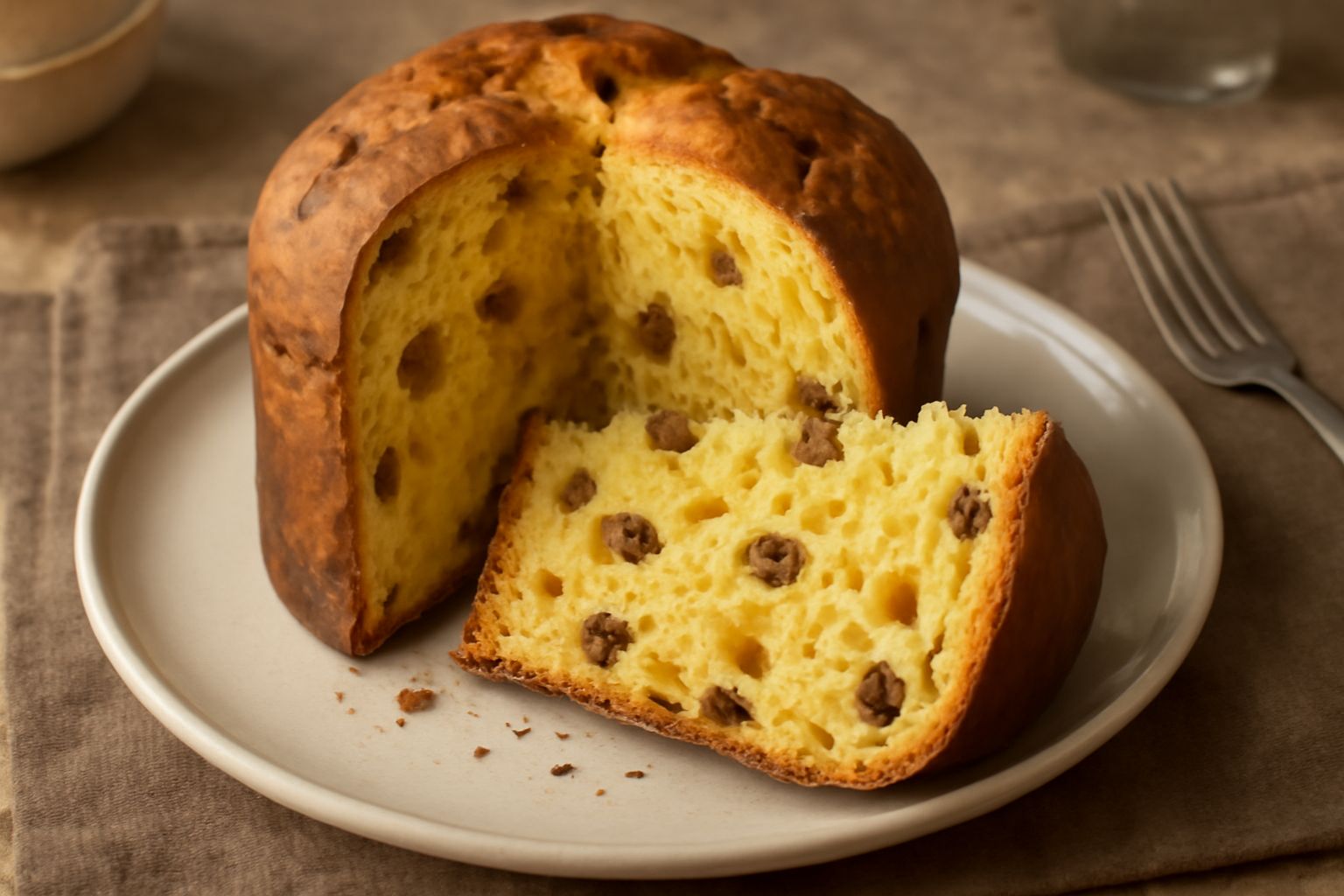 Panettone intero appena sfornato, con cupola dorata e screpolature in superficie, poggiato su carta bianca su tavolo di legno. In primo piano un coltello per affettare e una fetta con mollica soffice 