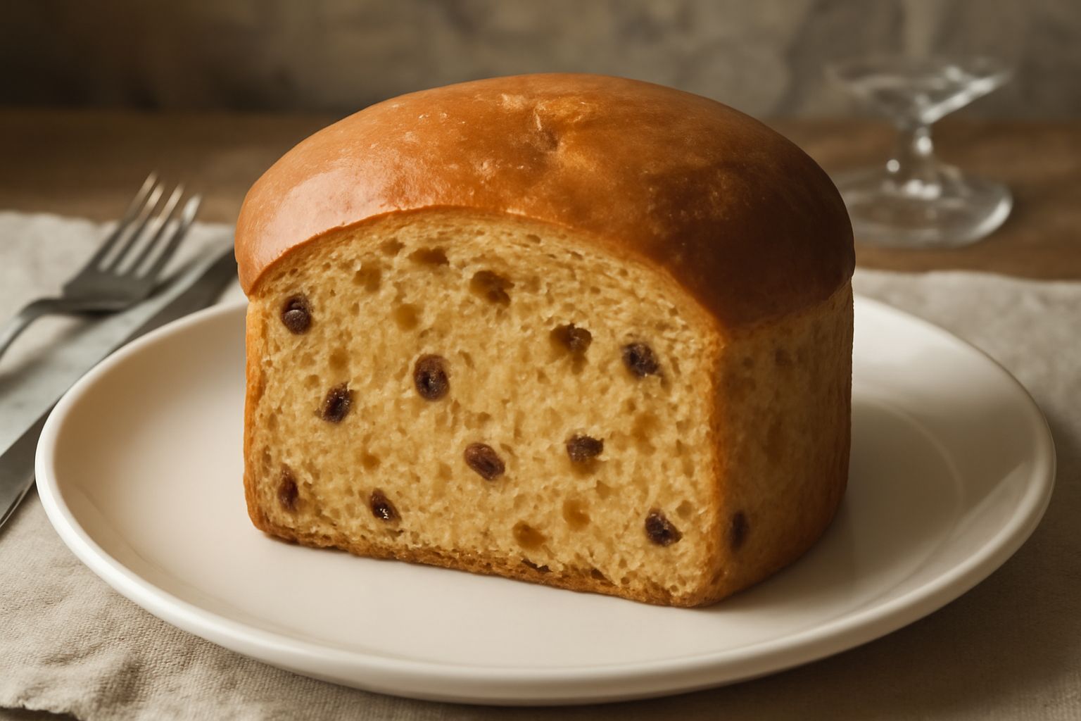 Un panettone modenese intero su un piatto bianco, tondo con cupola dorata uniforme, vista da tre quarti. La mollica color miele è visibile dal taglio fresco. Frutta candita e uvetta scura sporgono dal