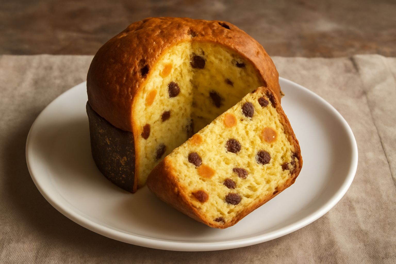 Panettone modicano tagliato a fette su un piatto bianco, con la mollica gialla e umida, canditi arancioni e uvetta scura visibile in sezione, decorato con un coltello di legno accanto
