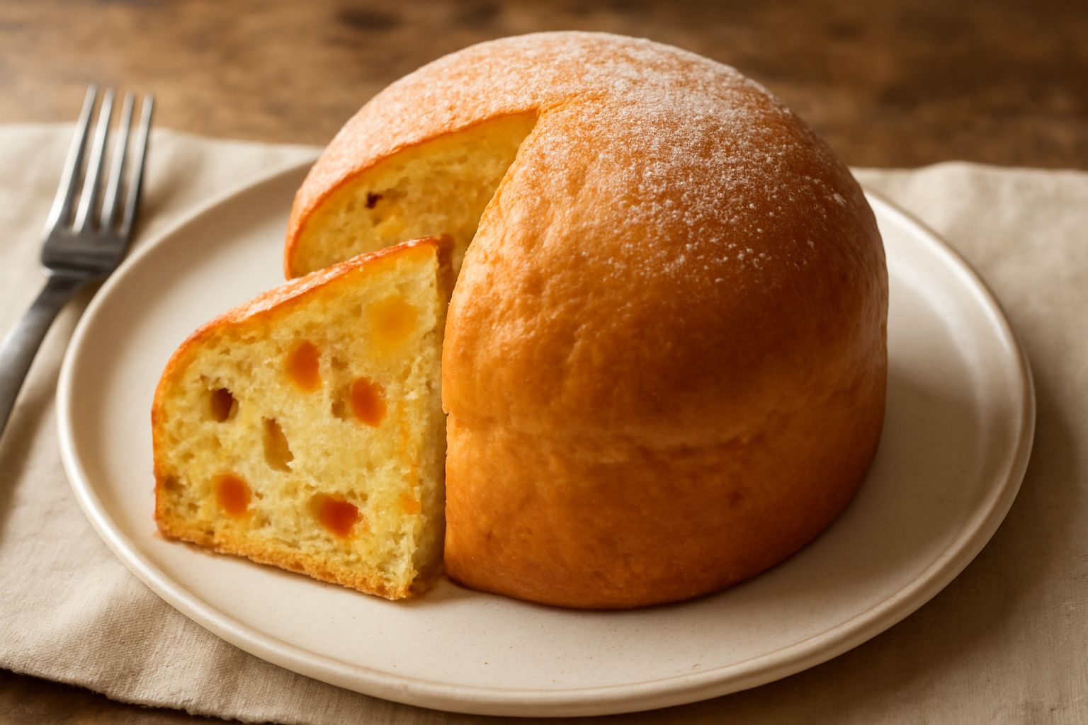 Panettone modichese tagliato a fette su un piatto bianco, miga color oro con canditi arancioni e verdi ben visibili, decorato con scaglie di zucchero sulla sommità