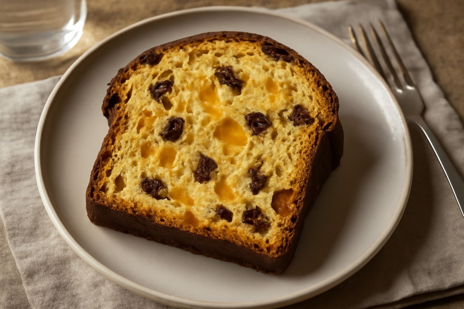 Panettone napoletano affettato in verticale, mollica giallo-dorata e umida, visibili scaglie di canditi d'arancia e cedro e uvetta diseguale, poggiato su piatto bianco con una fetta già tagliata di la