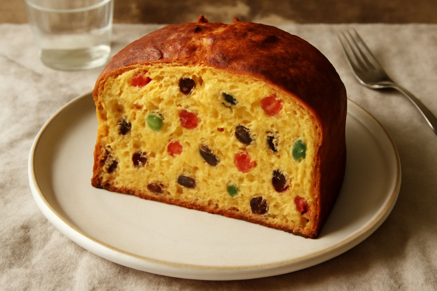 Panettone napoletano artigianale a fette su un piatto bianco, con mollica gialla compatta, canditi rossi e verdi visibili, buccia dorata e leggera spaccatura in cima, accanto a una tazza di caffè