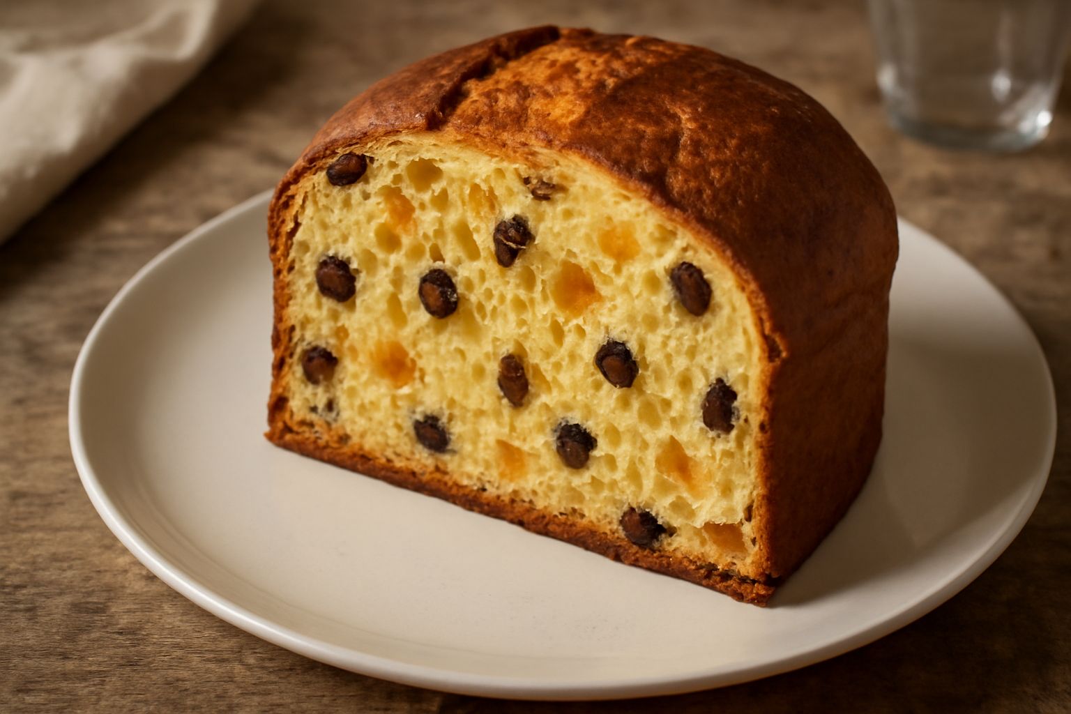 Panettone natalizio tagliato a fette, con mollica gialla e soffice, uvetta scura e canditi d'arancia visibili, su un piatto bianco, accanto a una tazza di caffè fumo