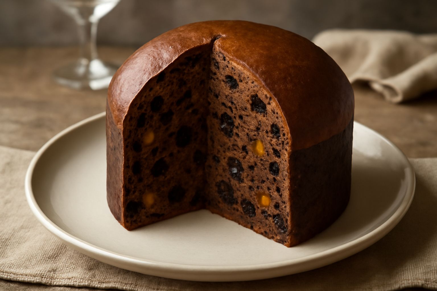 Un panettone nero con cupola dorata e levigata, spaccato che mostra l'interno scuro con canditi e uvetta, poggiato su un piatto bianco con farina sparse intorno