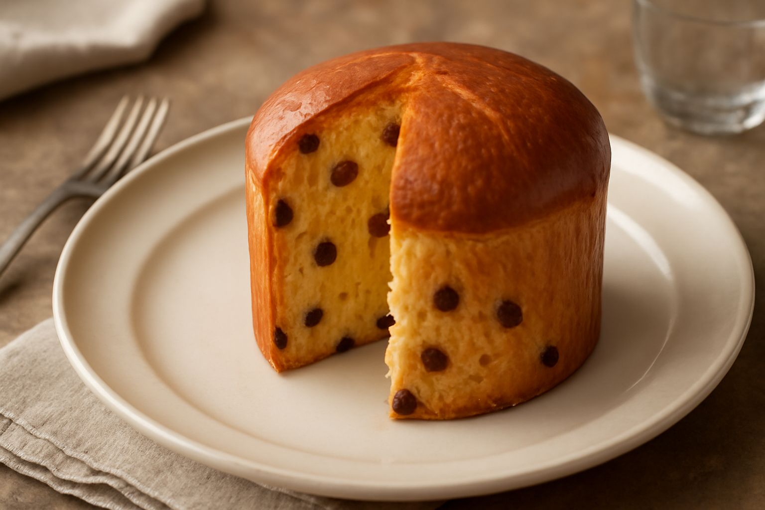 Panettone padovano tagliato a spicchi su piatto bianco, con mollica gialla e soffice visibile, uvetta scura e scaglie di canditi chiari in primo piano, forma cilindrica classica