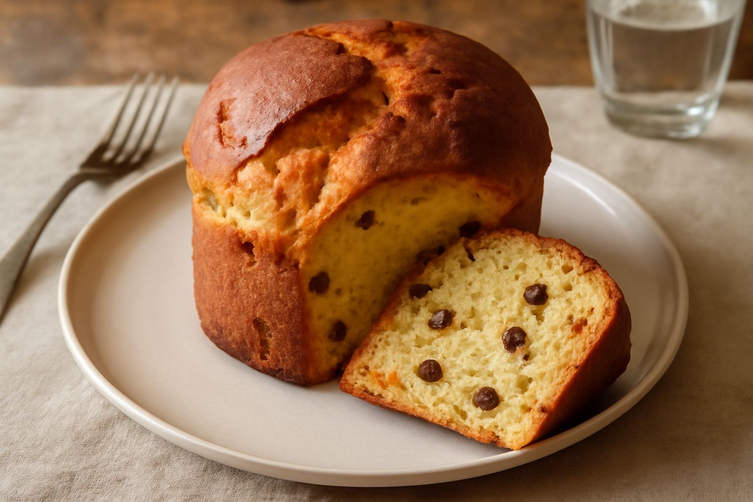 Panettone pesarese tagliato a fette, con crosta dorata e morbida, uvetta e canditi visibili sulla sezione, servito su un piatto bianco con una tazza di tè caldo sullo sfondo.