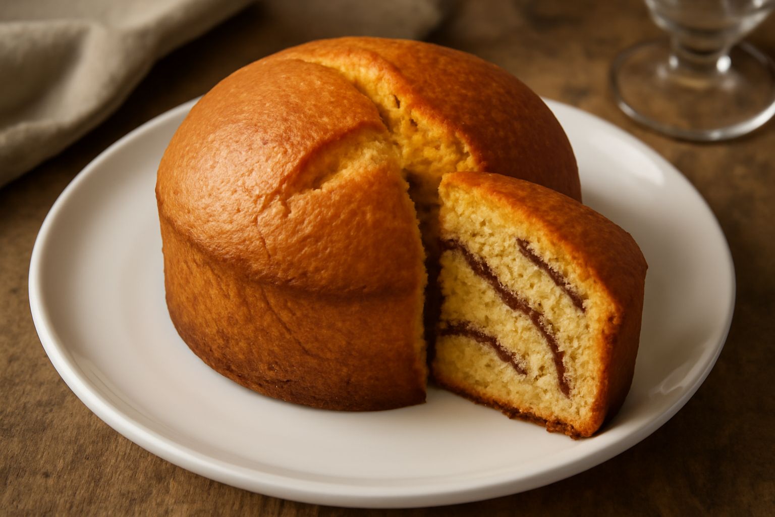 Panettone pescarese tagliato a fette su un piatto bianco, con crosta dorata e morbida, uvetta e mandorle visibili nella sezione, accompagnato da una tazza di caffè su sfondo di legno naturale