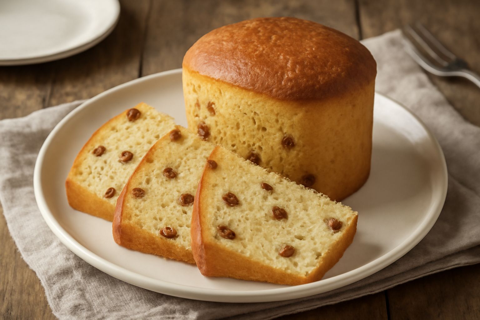Panettone piacentino intero appena sfornato, dorato in superficie, con una sezione tagliata che mostra la mollica gialla chiara, soffice, disseminata uniformemente di uvetta scura e chicchi di canditi