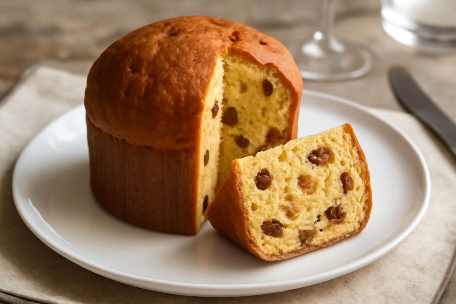 Panettone piccolo appena sfornato, di colore dorato uniforme, con la forma caratteristica bombata, affettato per mostrare l'interno soffice con uvetta e canditi ben distribuiti, servito su un piatto b