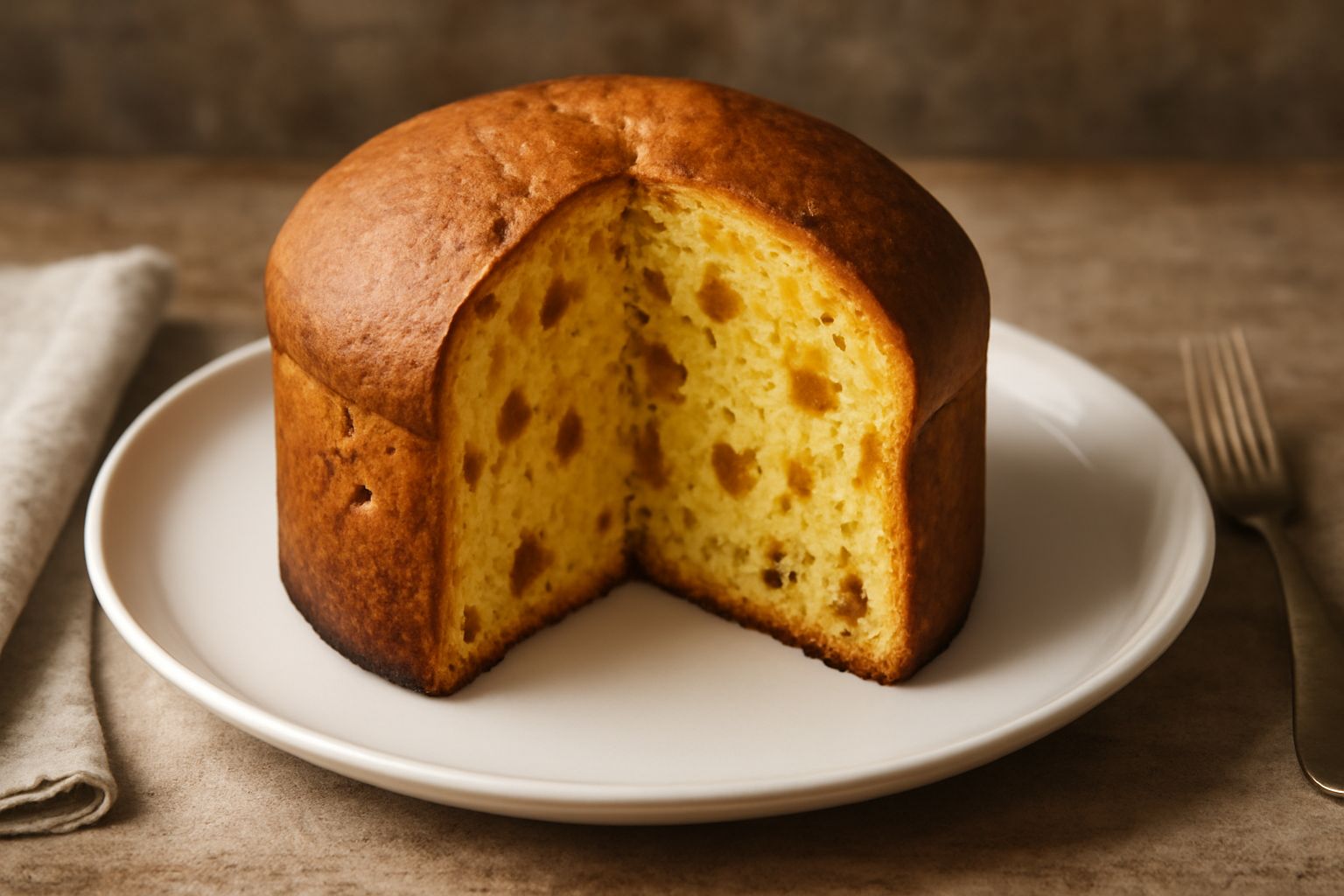 Panettone piemontese dorato su tavolo di legno, affettato per mostrare la mollica soffice, con canditi visibili distribuiti uniformemente, contorno di piatto bianco di ceramica