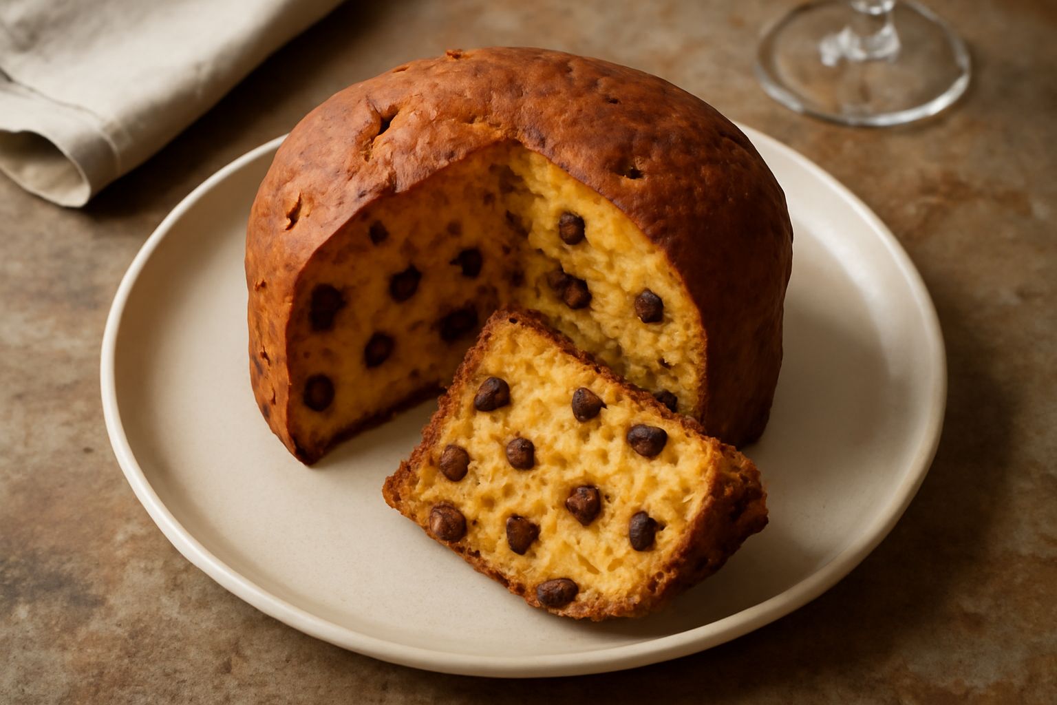 Panettone pisano appena sfornato, di forma bassa e compatta, con crosta dorata lucida, canditi brillanti visibili sulla superficie, affettato per mostrare l'interno morbido punteggiato di uvetta scura