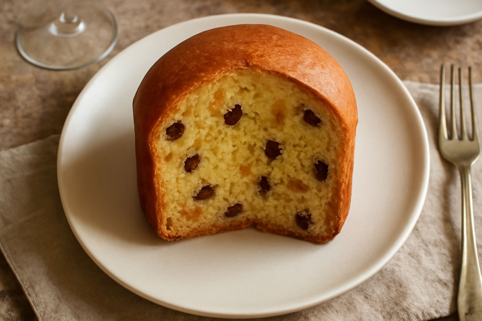 Panettone appena sfornato, dorato in superficie, con la forma classica a cupola, tagliato a fette in un piatto bianco. Frutta secca e uvetta visibili all'interno della mollica morbida e giallo chiaro.