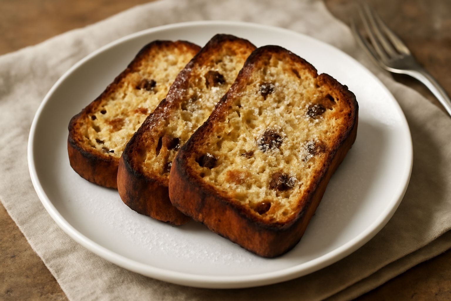 Piatto bianco con fettine di panettone tostato dorate e croccanti ai bordi, piegate verso l'alto, cosparse di zucchero semolato fine, con due gocce di miele trasparente in cima