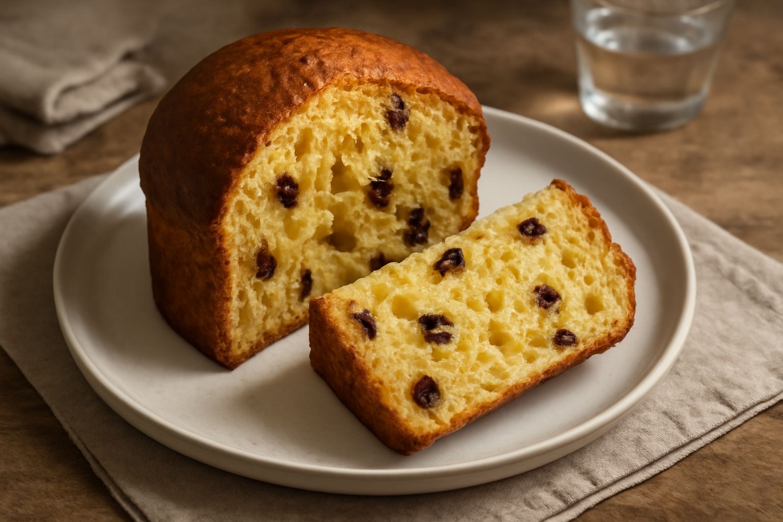 Panettone dorato e voluminoso, tagliato a fette, con uvetta e frutta candita visibili in sezione, poggiato su una tavola di legno chiaro con accanto una tazza di caffè