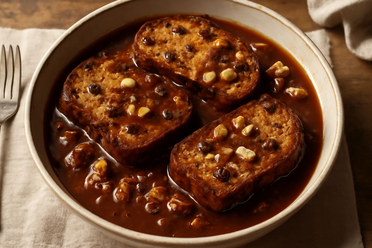 Panettone tagliato a fette spesse in una pentola di terracotta con salsa marrone scura, uvetta gonfia, noci spezzate in superficie, vapore caldo, fondo di spezie visibili nel liquido