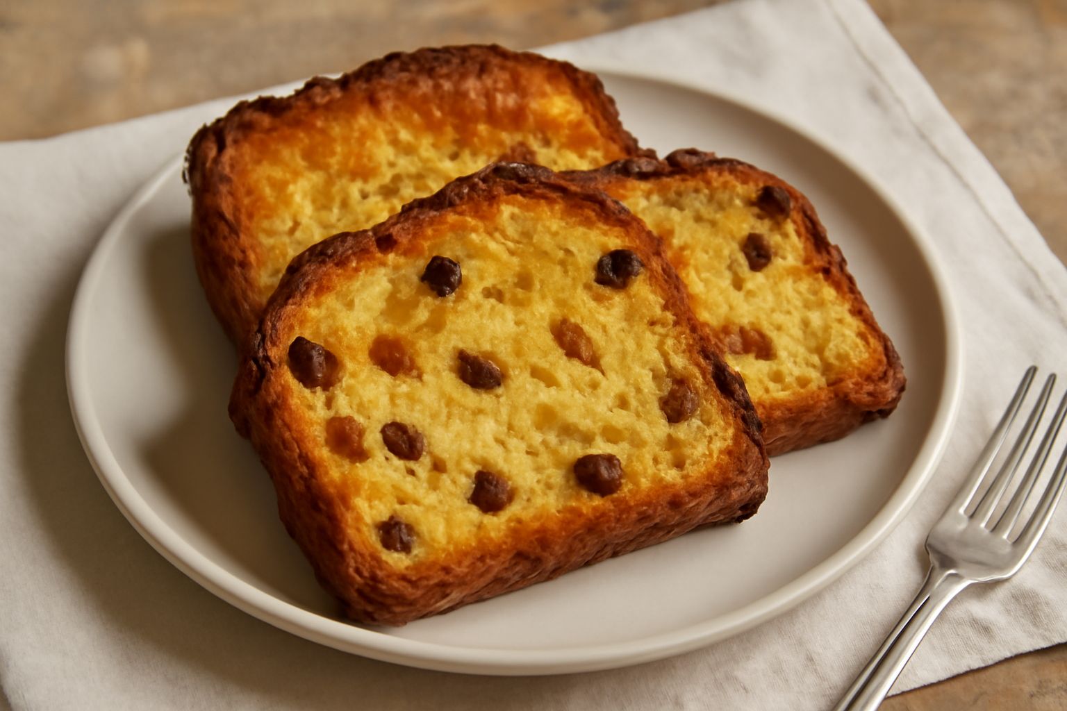Panettone affettato e rigenerato in forno, con crosta color oro scuro e superficie croccante, fette morbide di mollica gialla piene di uvetta e canditi, impiattato su piatto bianco con sfondo sfocato