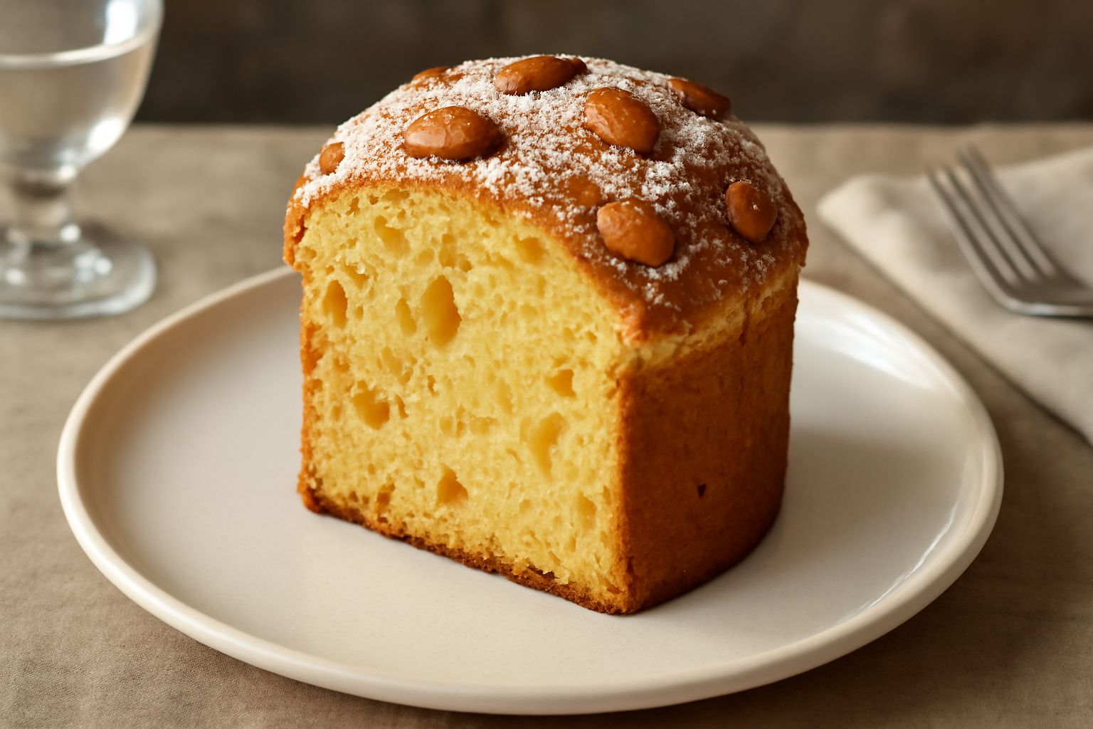 Panettone ragusano intero a fette su piatto bianco, con pasta dorata e uniforme, frutta candita visibile in sezione trasversale, glassa zucchero e mandorle sulla superficie