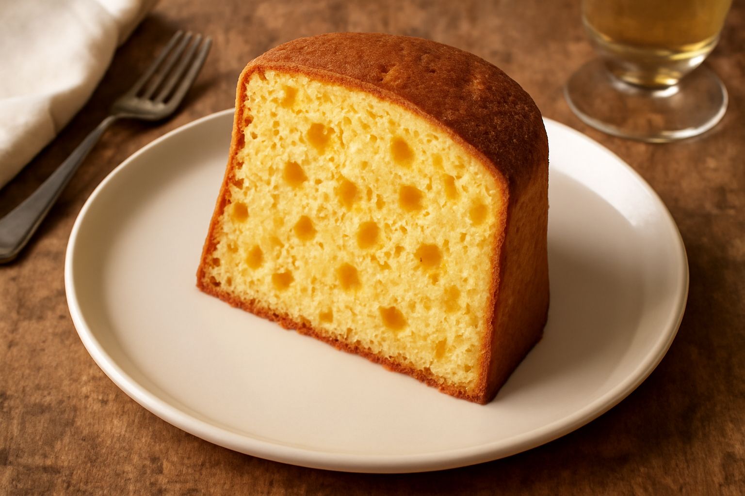 Panettone reggiano tagliato a fette, colore giallo paglierino uniforme, canditi arancioni e gialli distribuiti regolarmente, crema pasticcera leggera sulla superficie, intera forma integra su piatto b