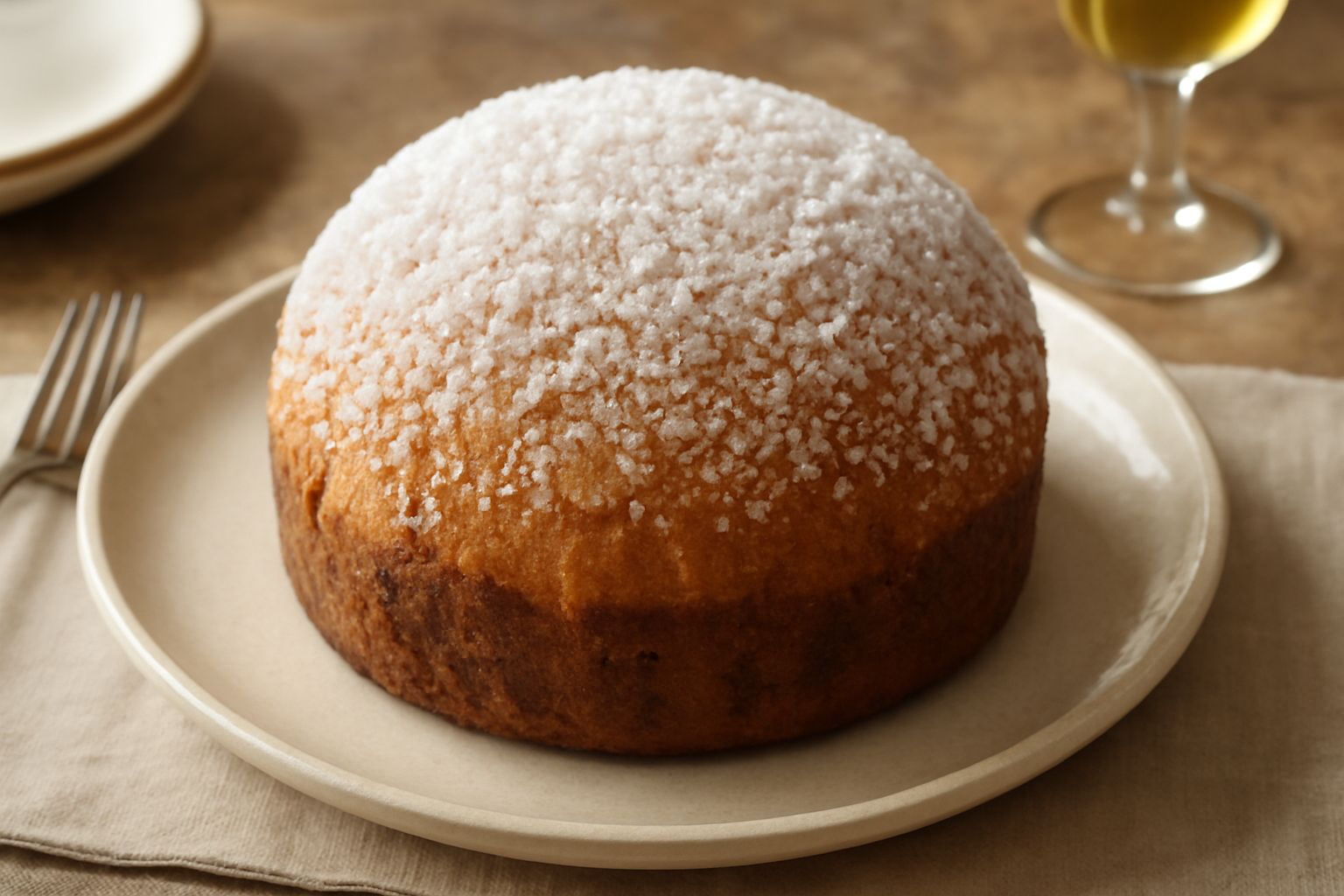 Panettone alto e dorato con calotta di zucchero semolato bianco e cristallino, canditi arancioni e rossi visibili dentro l'impasto, poggiato su piatto bianco, illuminato da luce calda