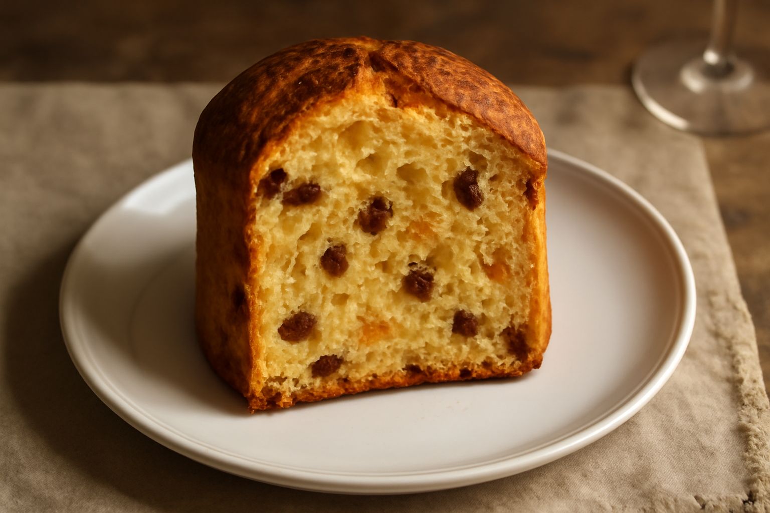 Panettone rietino intero, tagliato a fette, dalla crosta marrone dorata e dalla mollica giallo-chiaro punteggiata di uvetta scura e canditi rossi e verdi, posato su un piatto bianco con carta decorati
