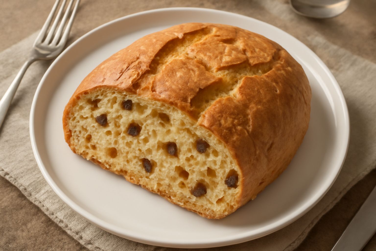 Panettone riminese affettato su un piatto bianco, con alveolature irregolari ben visibili, gocce di cioccolato o canditi distribuiti, colore dorato intenso, fetta di circa 2 cm di spessore che mostra 