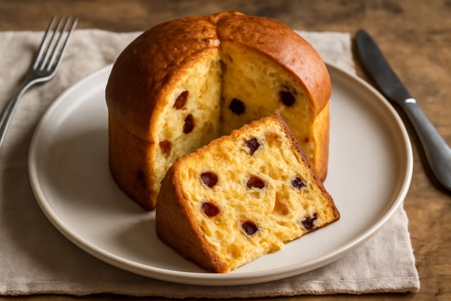 Panettone rodigino affettato, colore giallo dorato, con uvetta e canditi visibili sulla superficie; servito su piatto bianco con tazza di caffè accanto