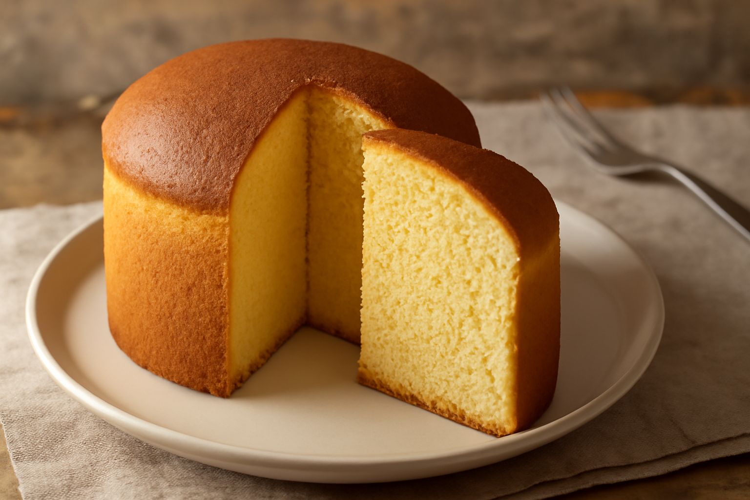 Panettone romano integro e appena sfornato, color dorato intenso, a forma di cupola, appoggiato su carta da forno con una tazza di caffè e una bottigliata di panettone aperto che mostra la mollica gia