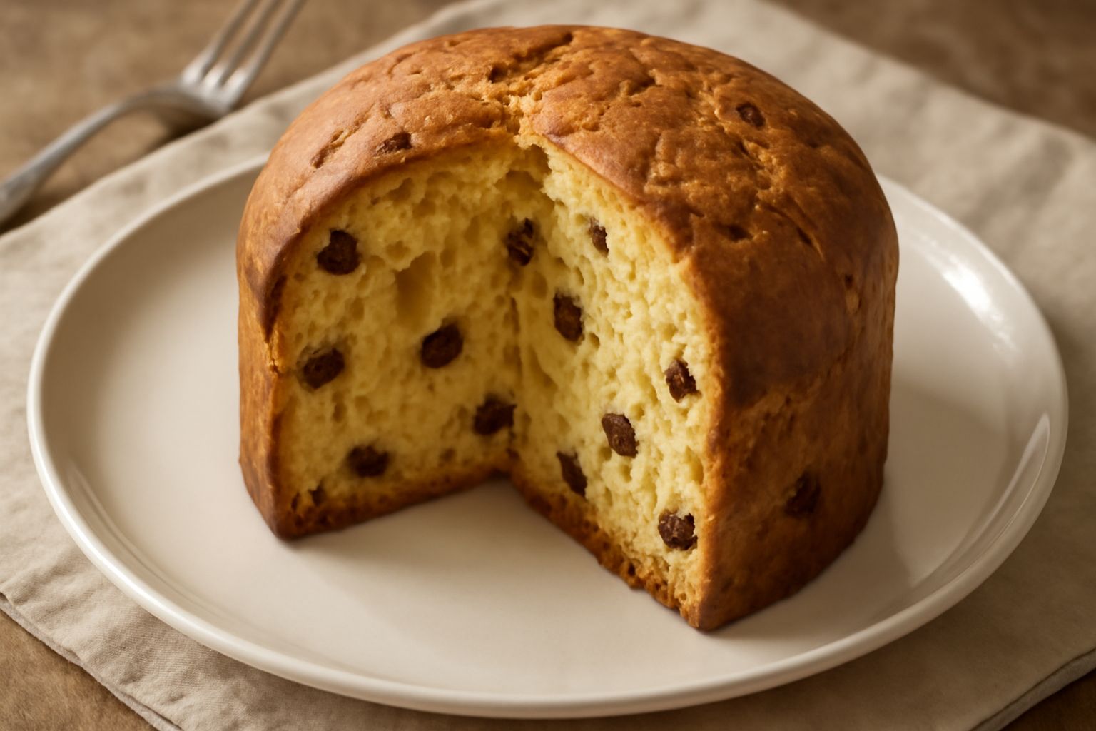 Panettone a cupola dorato con superficie irregolare, decorato con mandorle laminate, tagliato a fette che mostrano l'interno con fili di uvetta nera distribuiti uniformemente e pezzi di canditi gialli