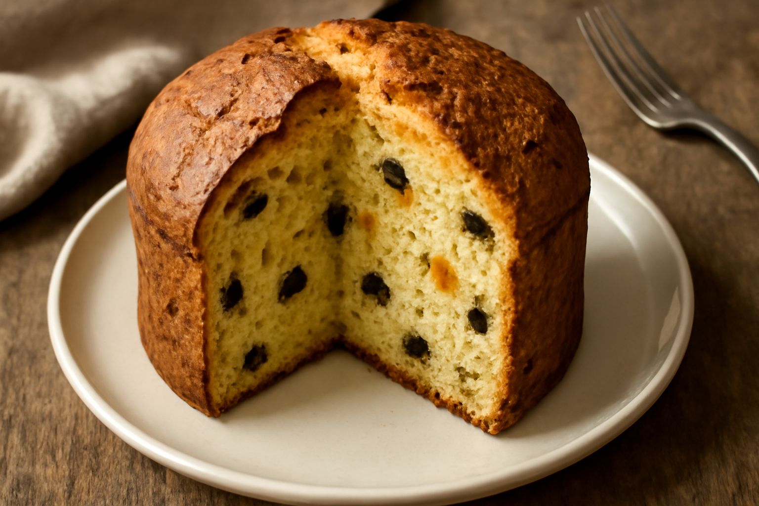 Panettone rustico a fette su un piatto bianco, con crosta dorata screpolata, interno giallo pallido punteggiato di uva passa scura e frutta candita gialla, seduto accanto a una tazza di caffè