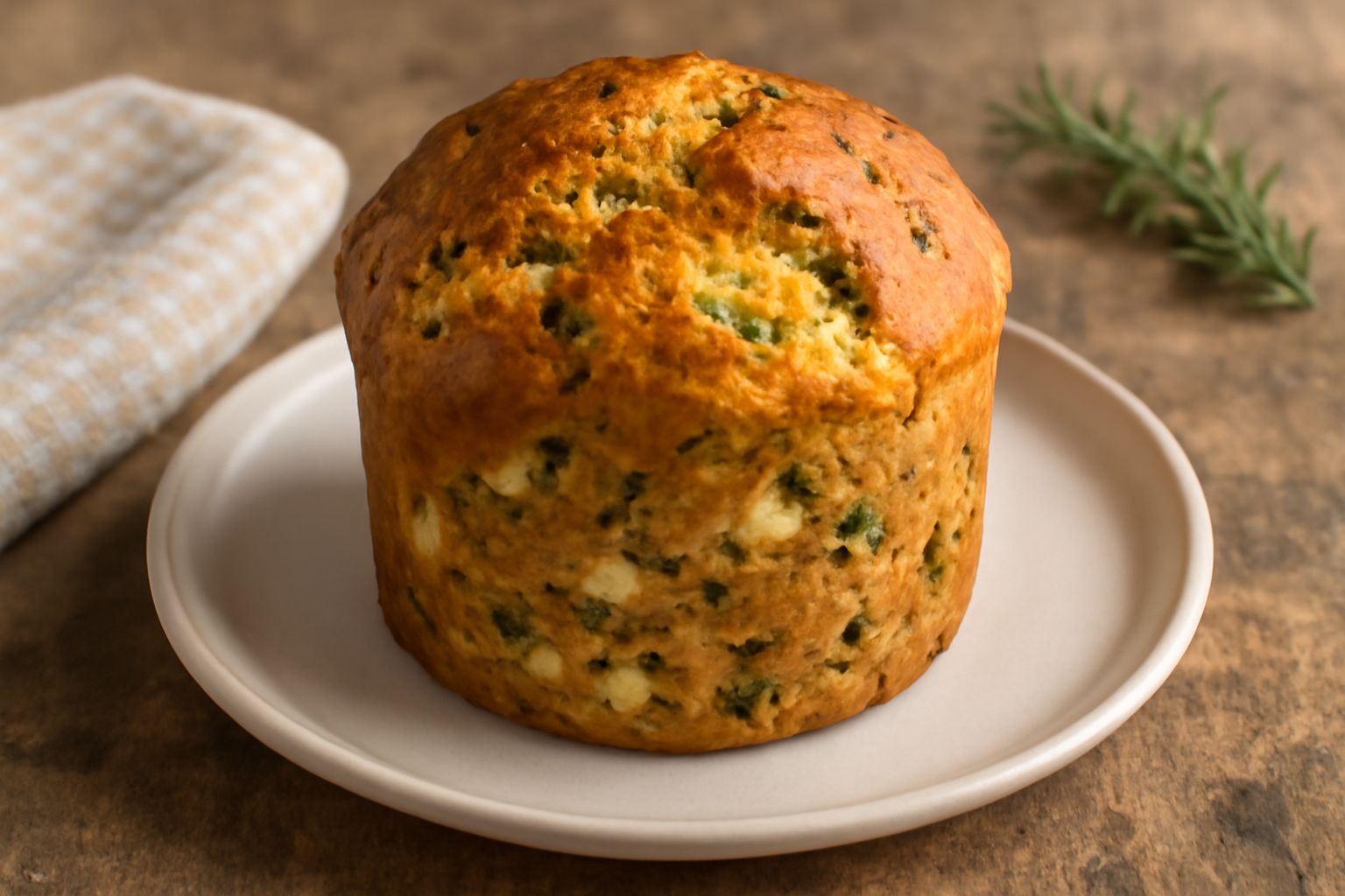 Panettone salato cosentino affettato, con crosta dorata e screpolata, mostra interno fragrante con pezzetti di formaggio e aromi verdi, servito su un piatto bianco con tovaglia a quadri in lino