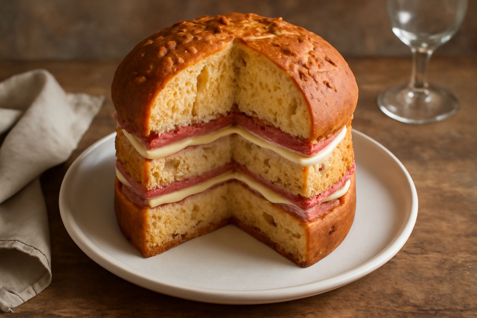 Panettone salato a fette su tavola di legno, con all'interno visibili nocciole tostate, cubetti di pancetta croccante e formaggio, miga dorata e alveoli regolari