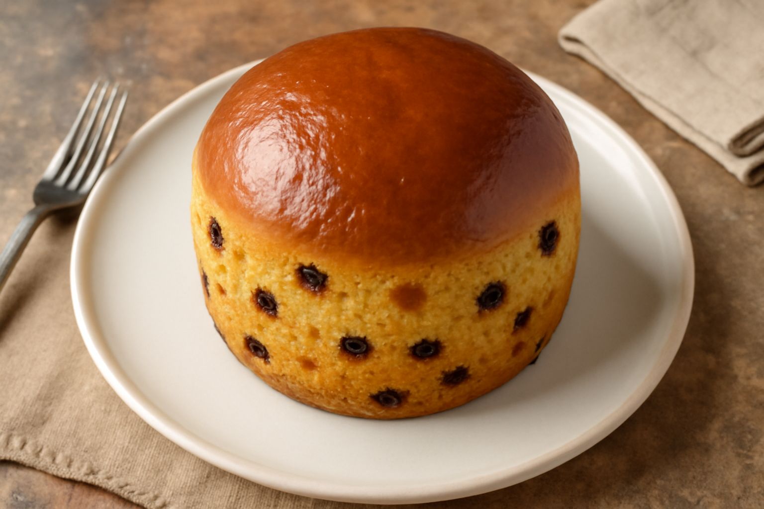Panettone salentino affettato su piatto bianco, miga gialla con uvetta scura e canditi arancioni visibili, superficie dorata e leggermente bombata, accompagnato da una tazza di caffè