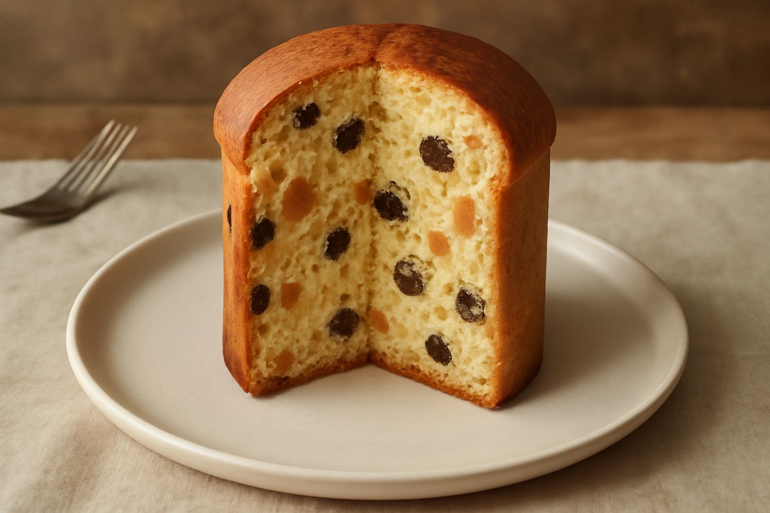 Panettone salernitano intero tagliato a fette, con mollica soffice color avorio, canditi arancioni e gialli visibili nella sezione, poggiatosu carta bianca con uvetta sparsa accanto
