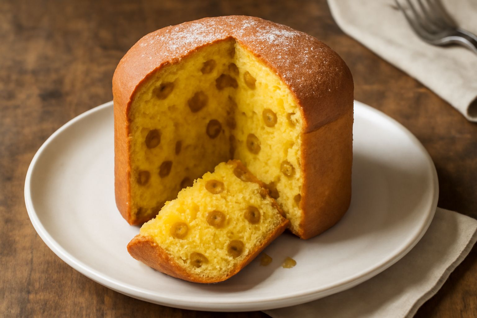 Panettone sardo tagliato in fette su un piatto bianco, con cedrata candita visibile nella mollica gialla, decorato con zucchero semolato e frutta secca, accanto una tazza di caffè fumante