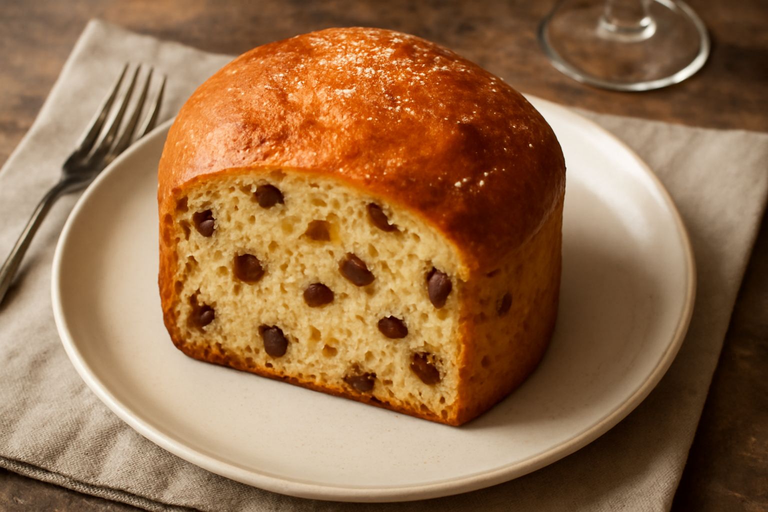 Panettone savonese intero con forma cilindrica, tagliato a fette che mostrano una miga gialla e soffice con uvetta e scorze di arancia candite, su un piatto di ceramica bianca